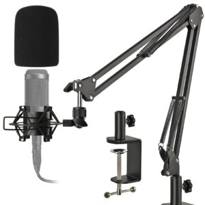 Mic Stand with Metal Shock Mount, Pop Filter, Suspension Scissor Boom Arm with Upgraded Heavy Duty Clamp for Audio Technica AT2020 AT2020USB+ AT2035 Condenser Studio Microphone Frgyee