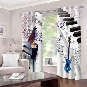 Piano Guitar Blackout Curtains, Music Equipment 3D Printed Drapes, 2 Panels Window Curtains, Grommet Thermal Insulated Window Curtain for Bedroom Living Room Windows 1m²