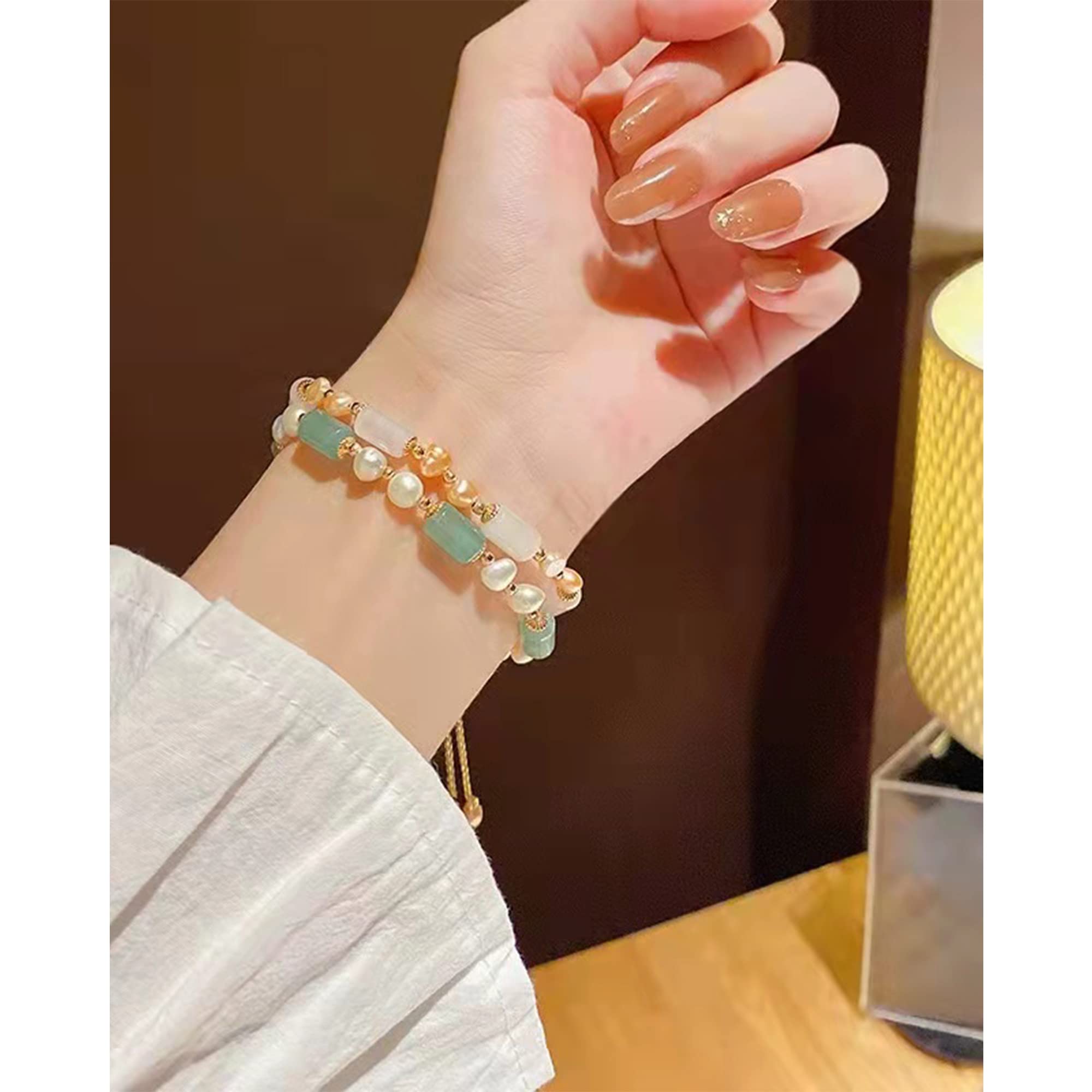 Natural Jade Pearls Bracelet Gold Wealthy Good Fortune Jade Bangle Amulet for Women, Lucky Jade Feng Shui Healing Crystal Bracelet