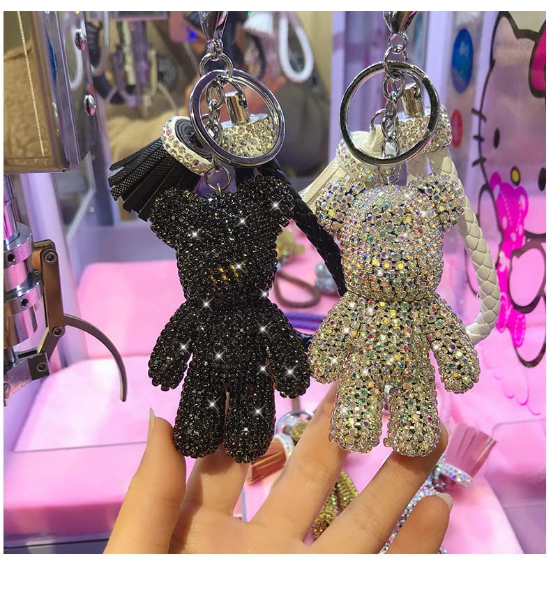 BONICI Girls Fashionable Diamond Bear Pendant Keychain Bling Sparkle Luxury Bear Key-Chains Keyring Gift Pendant for Handbag Tote Purse Backpack Bag Decoration Car Key Tassel Wrist Strap -Black