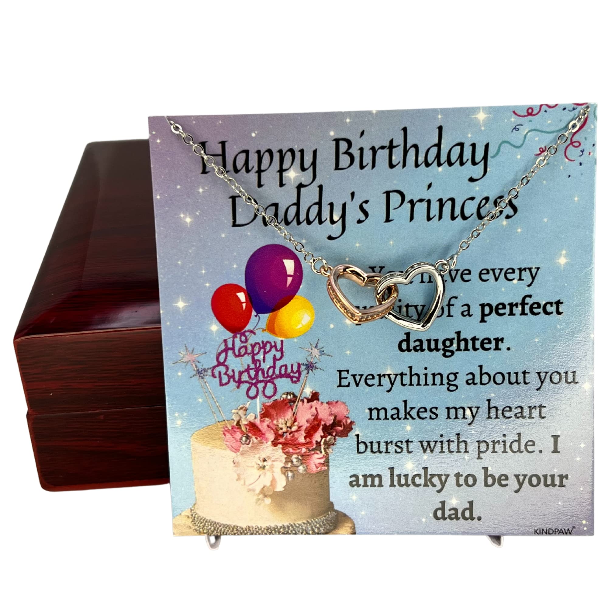 KINDPAW Birthday Gift Necklace for Daughter From Dad – Comes With a Birthday Wishes Message Card and a Jewelry Box (Interlocking Heart Necklace)