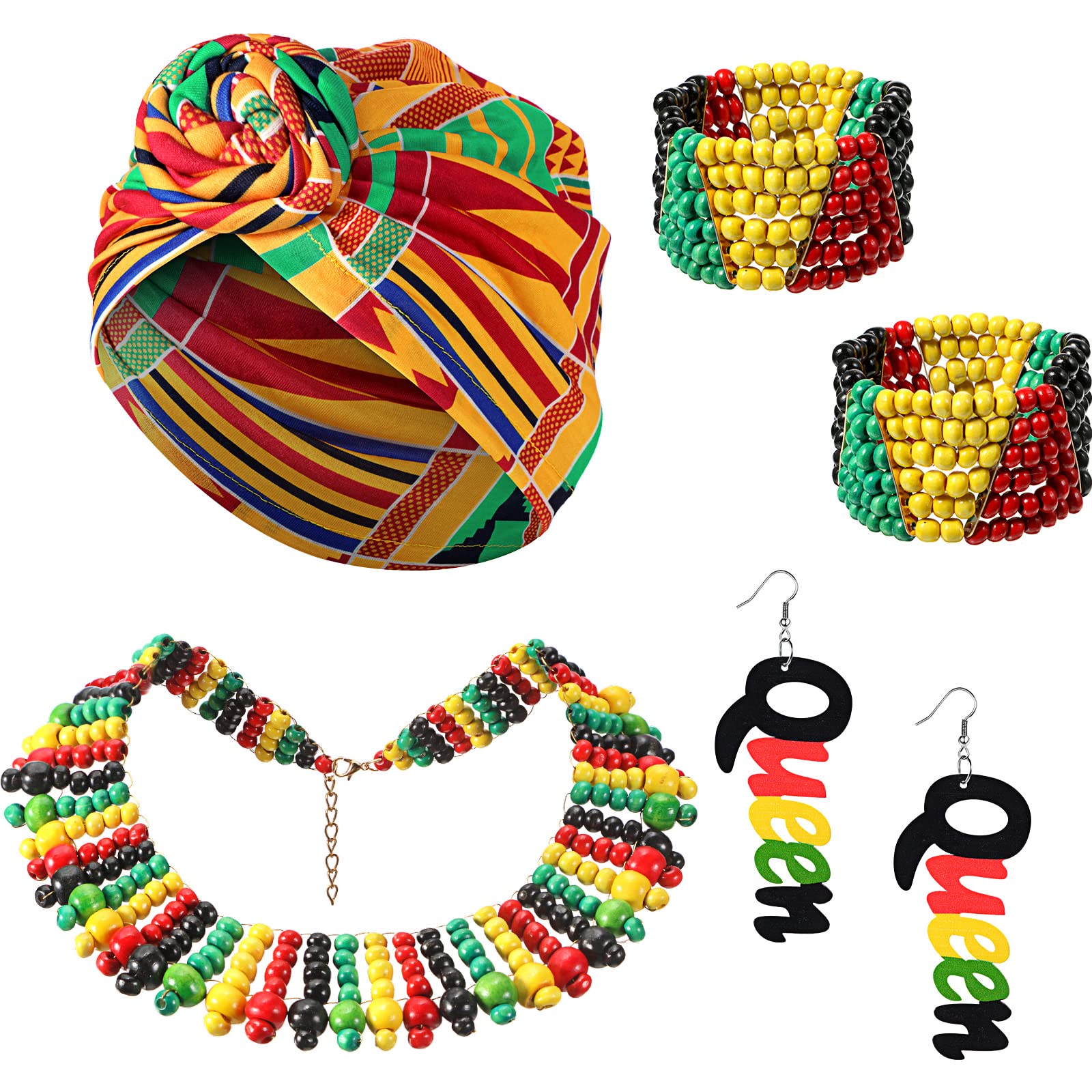 Yinkin Women's 5 Pcs African Jewelry Set: 1pcs Kente Print Headwrap, 1pair Earrings, 2pcs Beaded Bracelets (Stretch), 1pcs Necklace (Rustic, Multicolor)