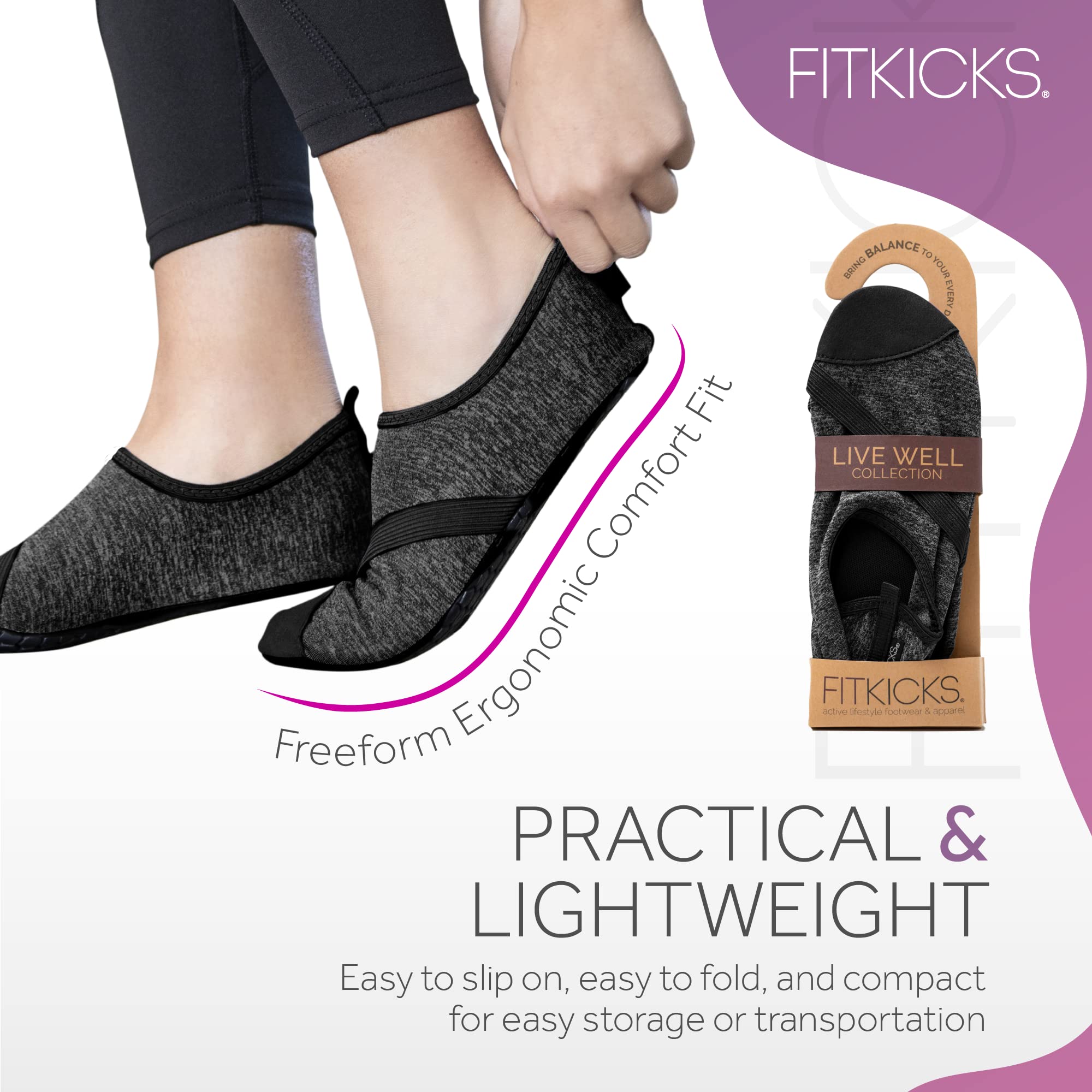 FITKICKS Original Women's Foldable Active Lifestyle Minimalist Footwear Barefoot Yoga Sporty Water Shoes - Black, Small