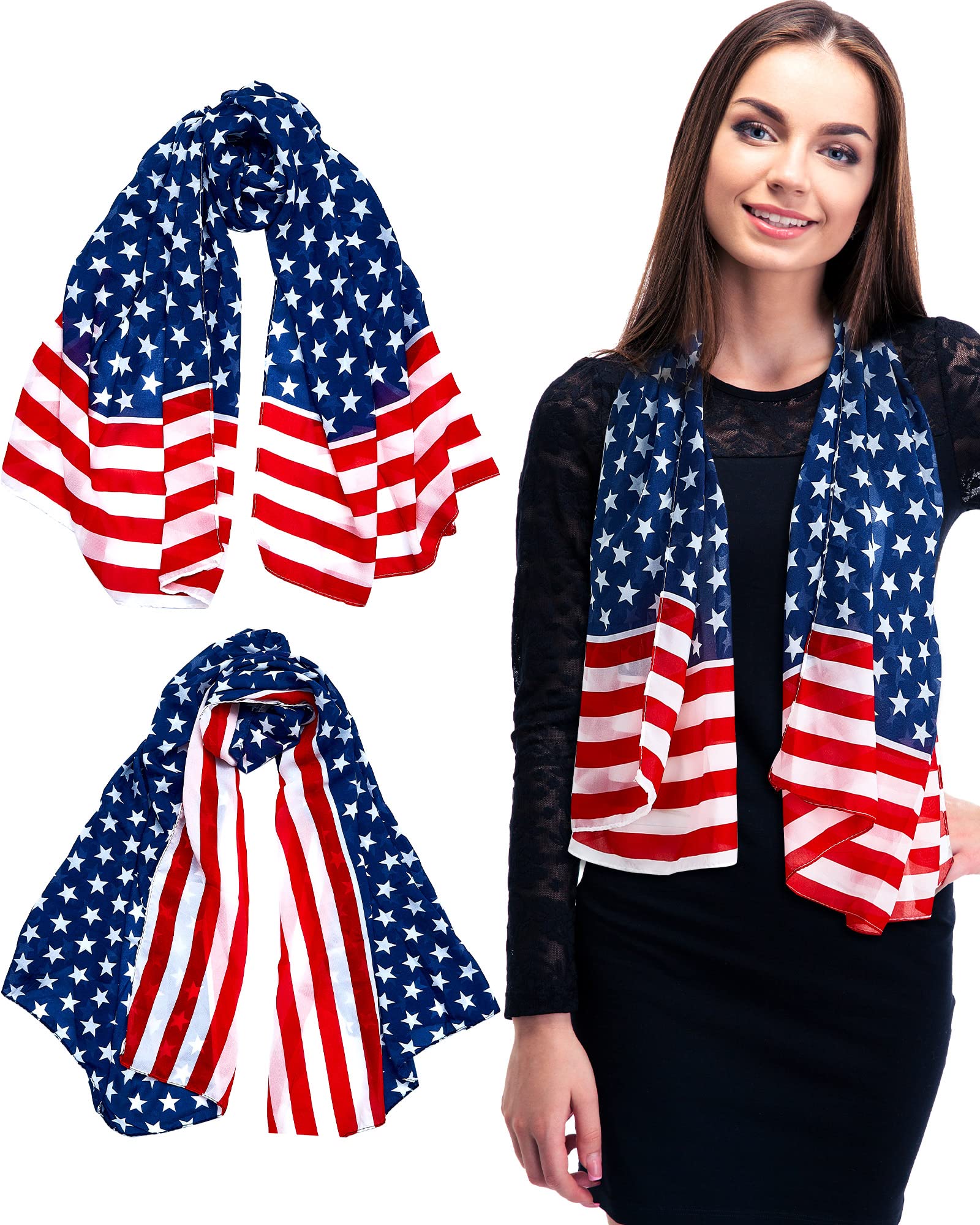 Tarpop 2 Pcs American Flag Patriotic Scarf Chiffon US Flag Scarf Long 4th of July Scarf Flag Shawl Independence Day(Bright Style)