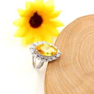 Uloveido Platinum Plated Olive-Shaped Marquise Golden Yellow Zircon Ring for Women, Simulated Citrine Full Citrine Open Ring Adjustable Y1828