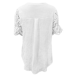 Women's Summer Sexy Lace Blouse Tops V Neck Crochet Eyelet Soft Short Sleeve Tee Tops Loose Fit 2022 Dressy T Shirt