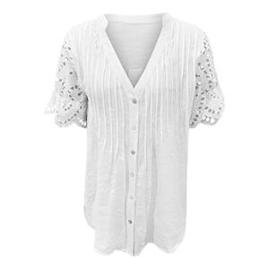 Women's Summer Sexy Lace Blouse Tops V Neck Crochet Eyelet Soft Short Sleeve Tee Tops Loose Fit 2022 Dressy T Shirt