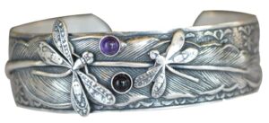 elaine coyne collectible artwear mirror antique silver dragonflies on feather cuff - amethyst, black onyx