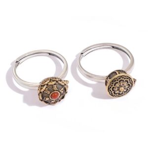 JUNTEN 925 Silver Rotating Rings for Women Finger Anxiety Spinner Ring Buddhist Tibetan Prayer Wheel Lotus Ring Good Luck Adjustable Bands