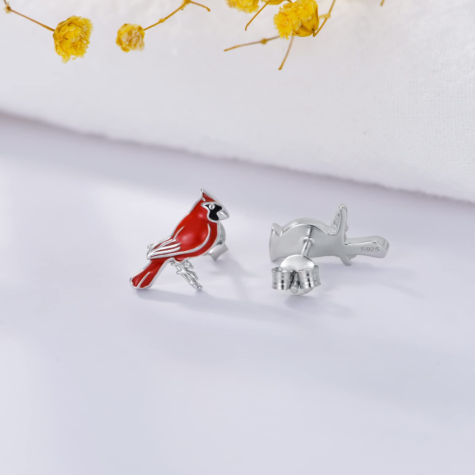 Red Cardinal Bird Stud Earrings 925 Sterling Silver "Our Love Never Dies" Jewelry Gifts for Women Mom