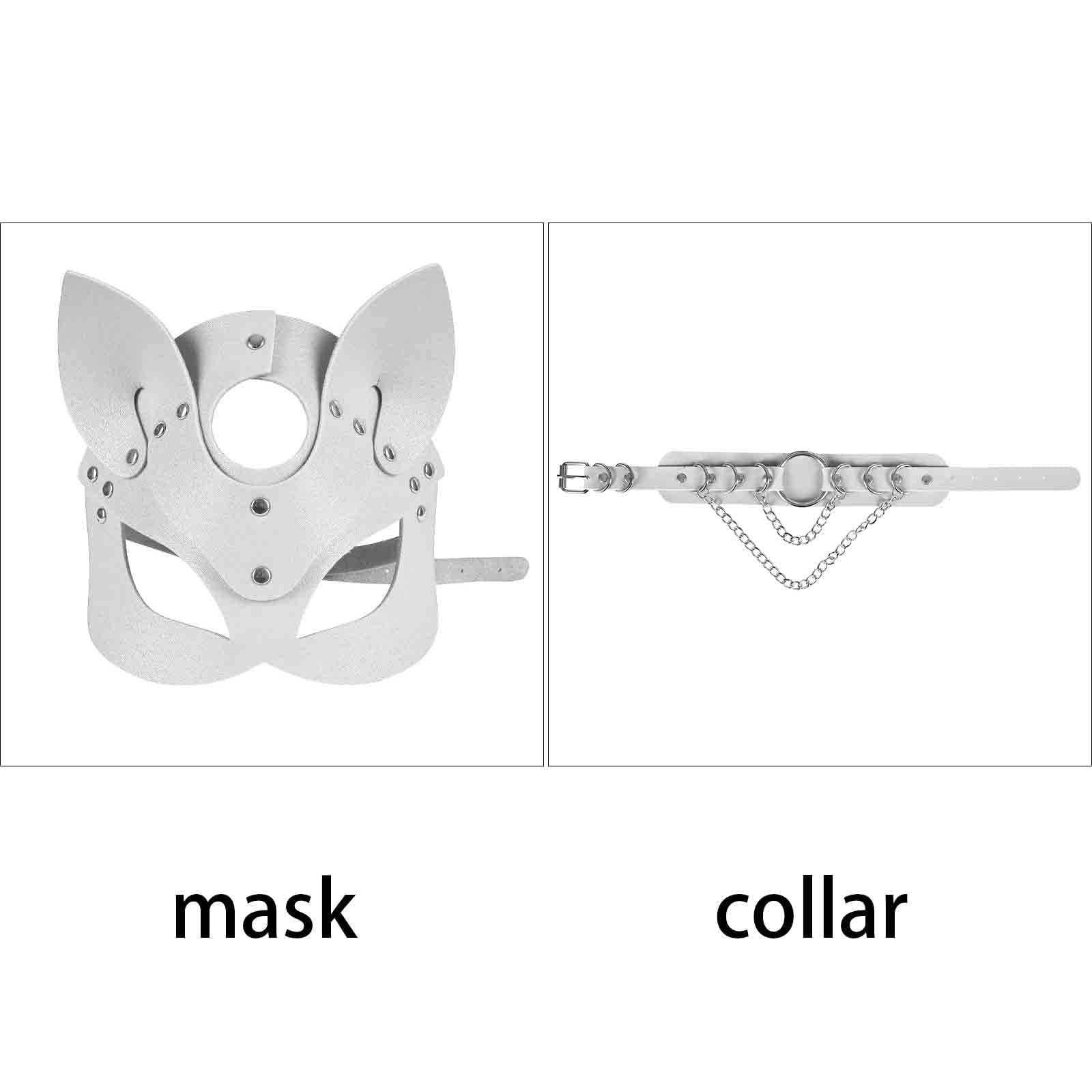 Women's Body Harness Leather Mask and Metal Chain Necklace for Masquerade Party Punk Carnival Gothic Halloween Accessories (White)