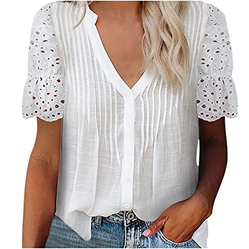 Women's Summer Sexy Lace Blouse Tops V Neck Crochet Eyelet Soft Short Sleeve Tee Tops Loose Fit 2022 Dressy T Shirt