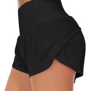 Origiwish Women's High Waisted Running Shorts with Liner Quick Dry Athletic Workout Shorts Zipper Pockets (Small, Black)