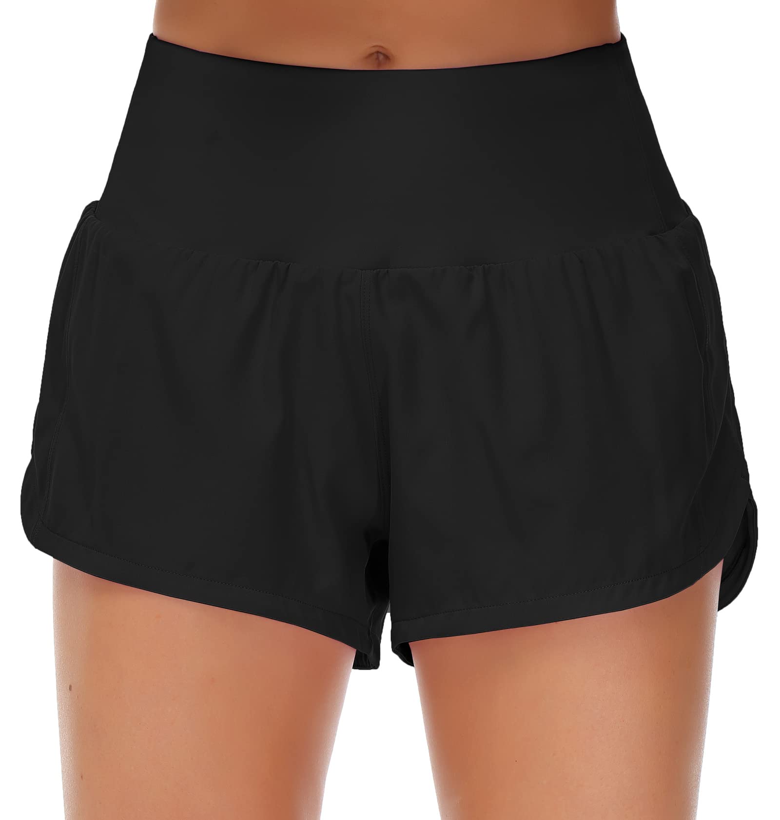 Origiwish Women's High Waisted Running Shorts with Liner Quick Dry Athletic Workout Shorts Zipper Pockets (Small, Black)