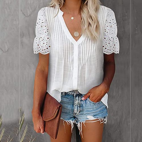 Women's Summer Sexy Lace Blouse Tops V Neck Crochet Eyelet Soft Short Sleeve Tee Tops Loose Fit 2022 Dressy T Shirt