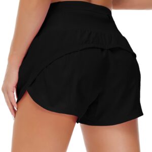 Origiwish Women's High Waisted Running Shorts with Liner Quick Dry Athletic Workout Shorts Zipper Pockets (Small, Black)