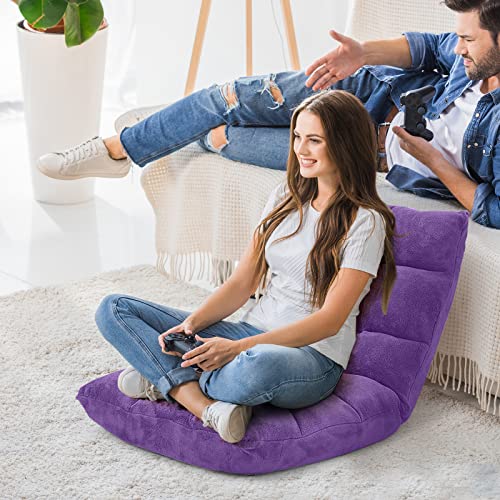 COSTWAY Adjustable Gaming Chair, Purple, 14-Position Back Support, Soft Coral Fleece, Portable, Lightweight, 22" x 24" x 22"