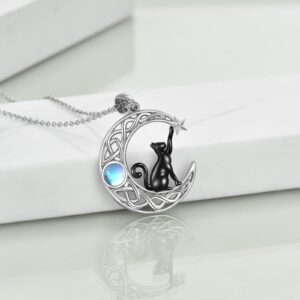 VONALA Celtic Moon Black Cat Necklace for Women Sterling Silver Cat Jewelry for Women Moonstone Necklace for Cat Lovers