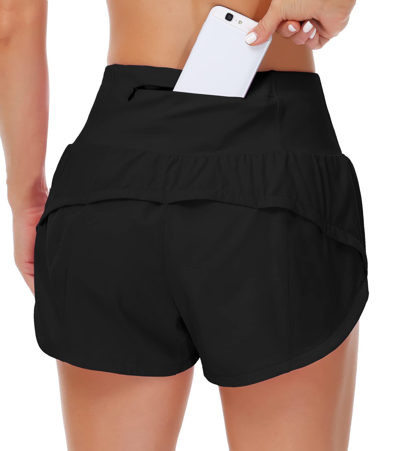 Origiwish Women's High Waisted Running Shorts with Liner Quick Dry Athletic Workout Shorts Zipper Pockets (Small, Black)