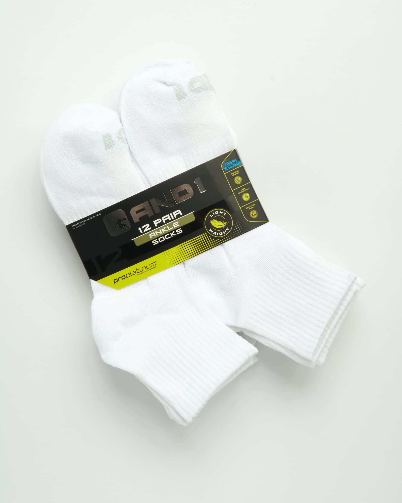 AND1 Men's Socks - PROPLATINUM Lightweight Quarter Cut Socks (12 Pack), Size 6-12.5, White