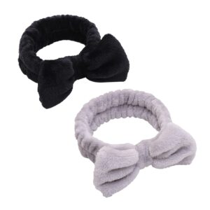 aimhariacc facial bow head band for girls washing spa headband face skincare shower fluffy towel headbands, soft microfiber makeup women coral fleece face mask hair band 2 pack(black+gray)