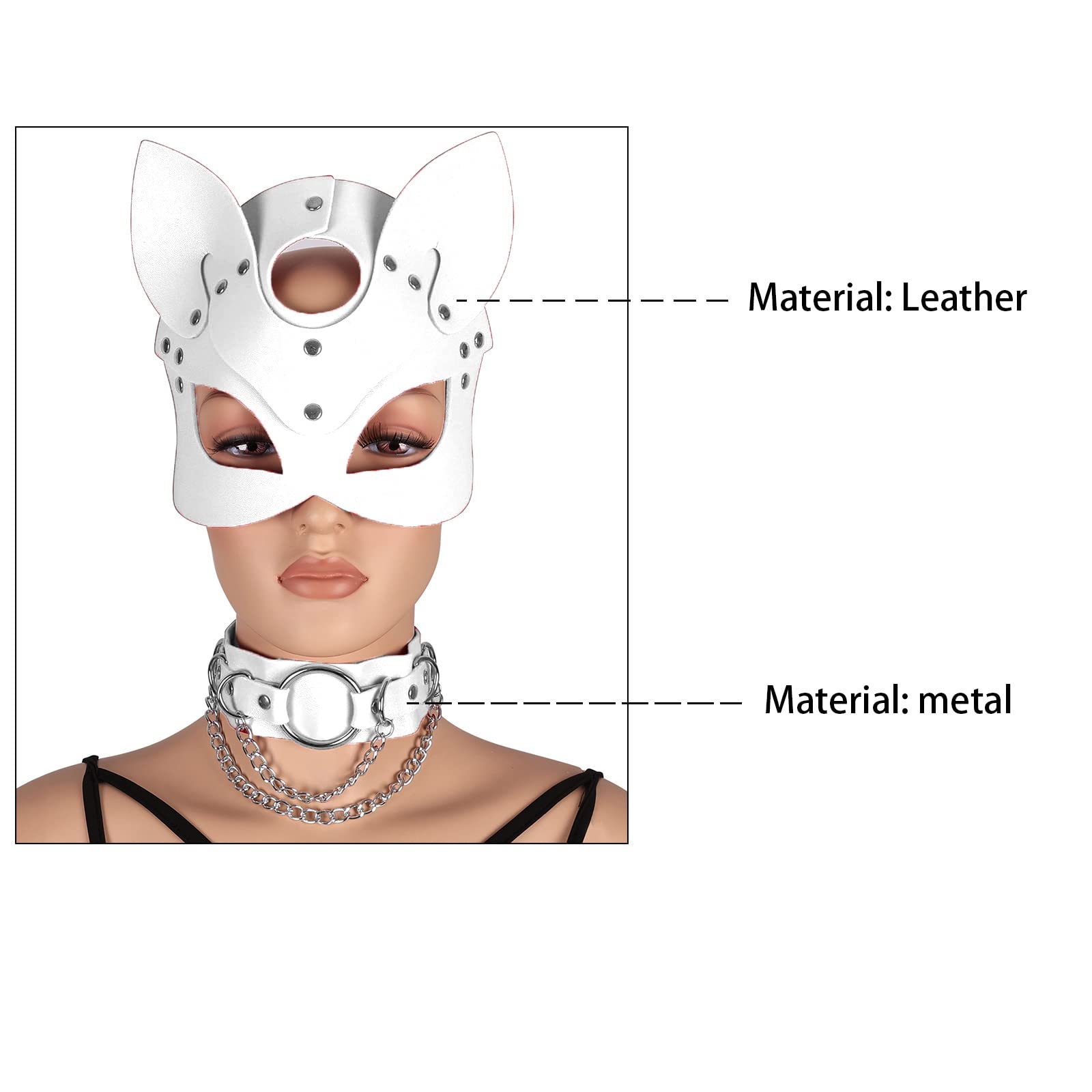 Women's Body Harness Leather Mask and Metal Chain Necklace for Masquerade Party Punk Carnival Gothic Halloween Accessories (White)