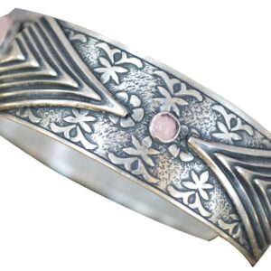 Elaine Coyne Collectible Artwear Antique Silver Brass Art Deco Cuff Bracelet with Rose Quartz Cabochons