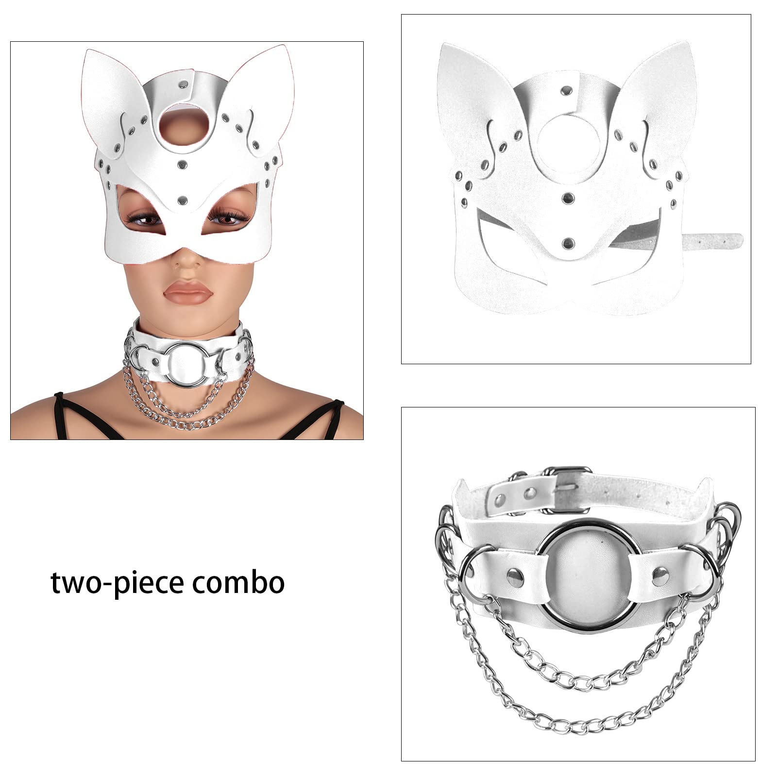 Women's Body Harness Leather Mask and Metal Chain Necklace for Masquerade Party Punk Carnival Gothic Halloween Accessories (White)