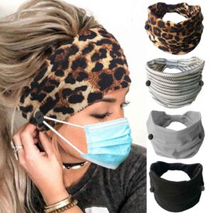 Olbye Leopard Button Headband Wide Elastic Nurse Head Bands Workout Yoga Sports Hair Band Non Slip Turban Headwrap Mask Ear Saver Sweatband Boho Hair Accessories for Women 4Pcs (#1 Leopard)