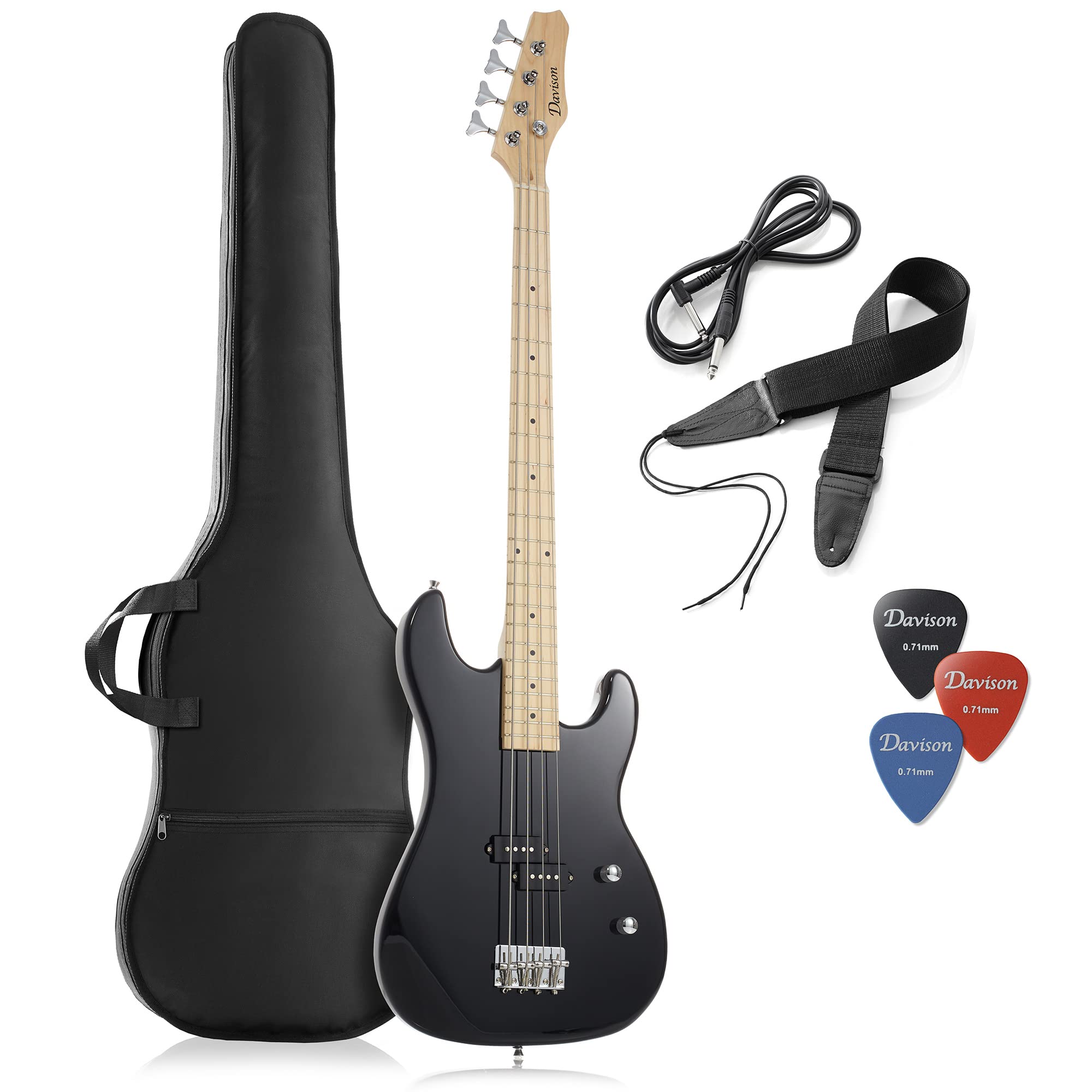 Davison Guitars Guitars 4 String Electric Bass Guitar, Black - Full Size Right Handed Beginner Kit with Gig Bag and Accessories