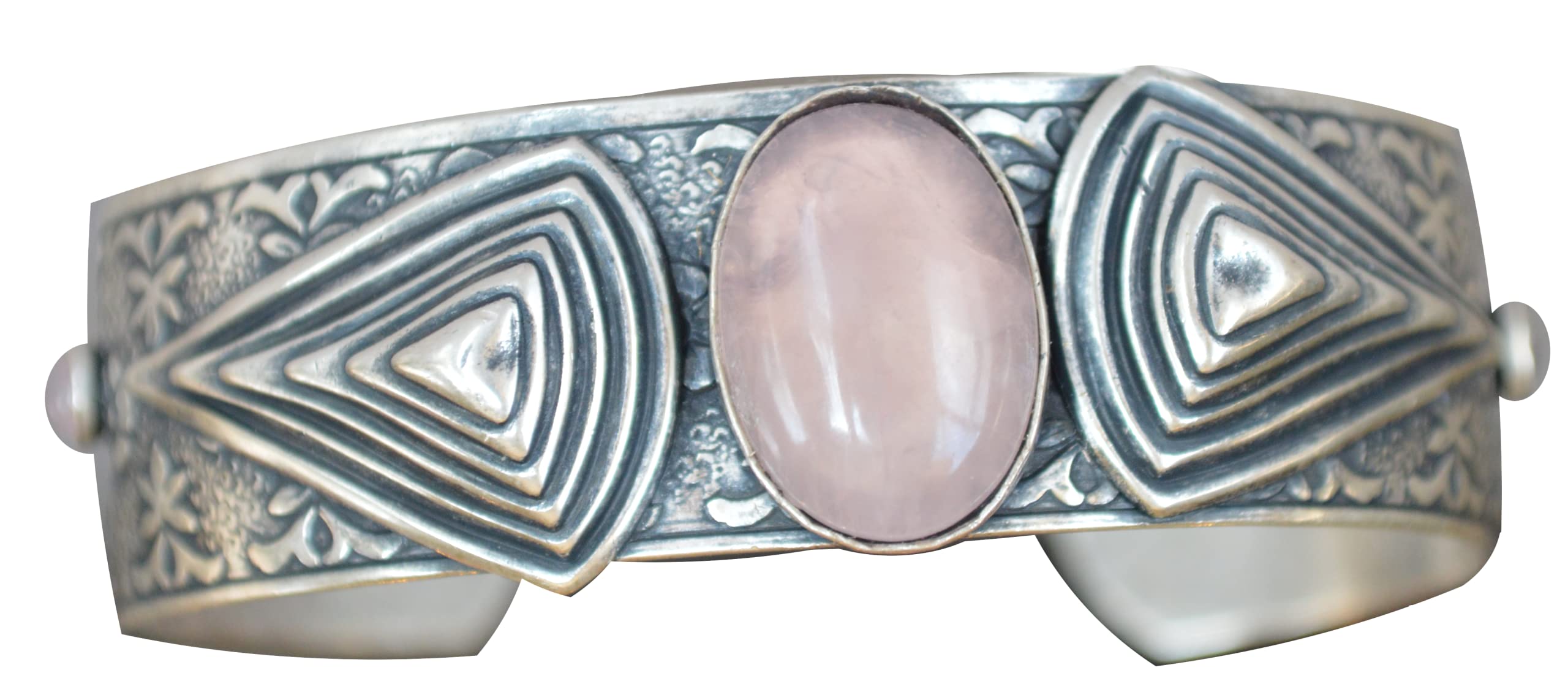 Elaine Coyne Collectible Artwear Antique Silver Brass Art Deco Cuff Bracelet with Rose Quartz Cabochons