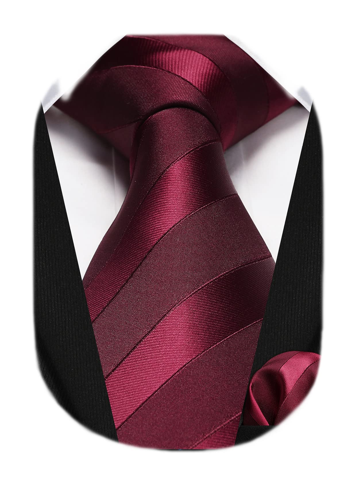 HISDERN Ties for Men Red Tie and Handkerchief Set Maroon Striped Business Formal Woven Burgundy Pocket Square Necktie Wedding College Christmas