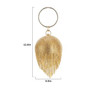 Gripit Women's Evening Round Ball Tassels Bag Diamond Clutch Purse Glitter Party Wedding Handbag with Chain,Gold