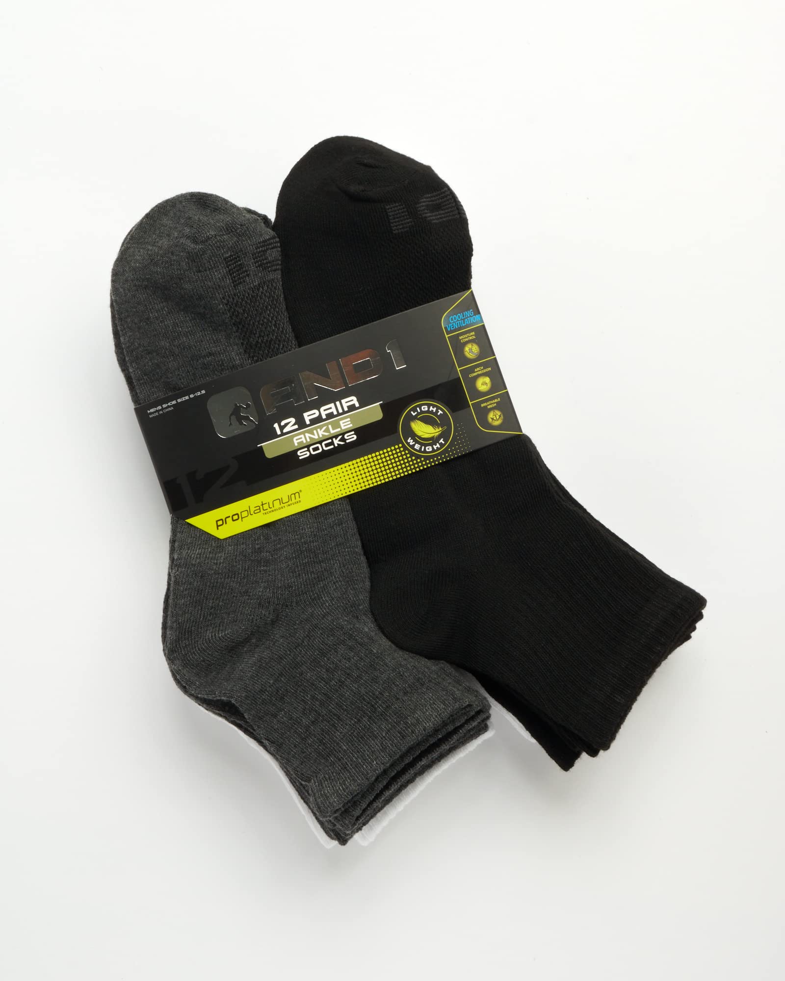 AND1 Men's Socks - PROPLATINUM Lightweight Quarter Cut Socks (12 Pack), Size Shoe size: 6-12.5, Assorted