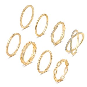 TOBENY 8PCS 14K Plated Gold Rings for Women Stackable Knuckle Rings Gold Silver Size 4 to Size 11 Rings 1.5mm- 3.8mm Midi Stacking Eternity Wedding Rings