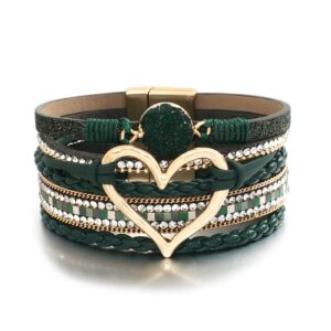 hotoo Leather Wrap Bracelet for Women Green Beaded Cuff Bracelet with Heart-shape Decor Bohemian Crystal Bracelet Jewelry with Clasp Bangle Bracelet for Women Birthday Holiday Gift