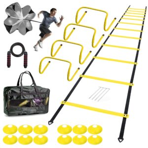 endiess agility ladder speed agility training equipment,1 agility ladder 20ft,4 hurdles,training soccer cones,jump rope,running parachute, agility training equipment for kids youth adul (yellow)