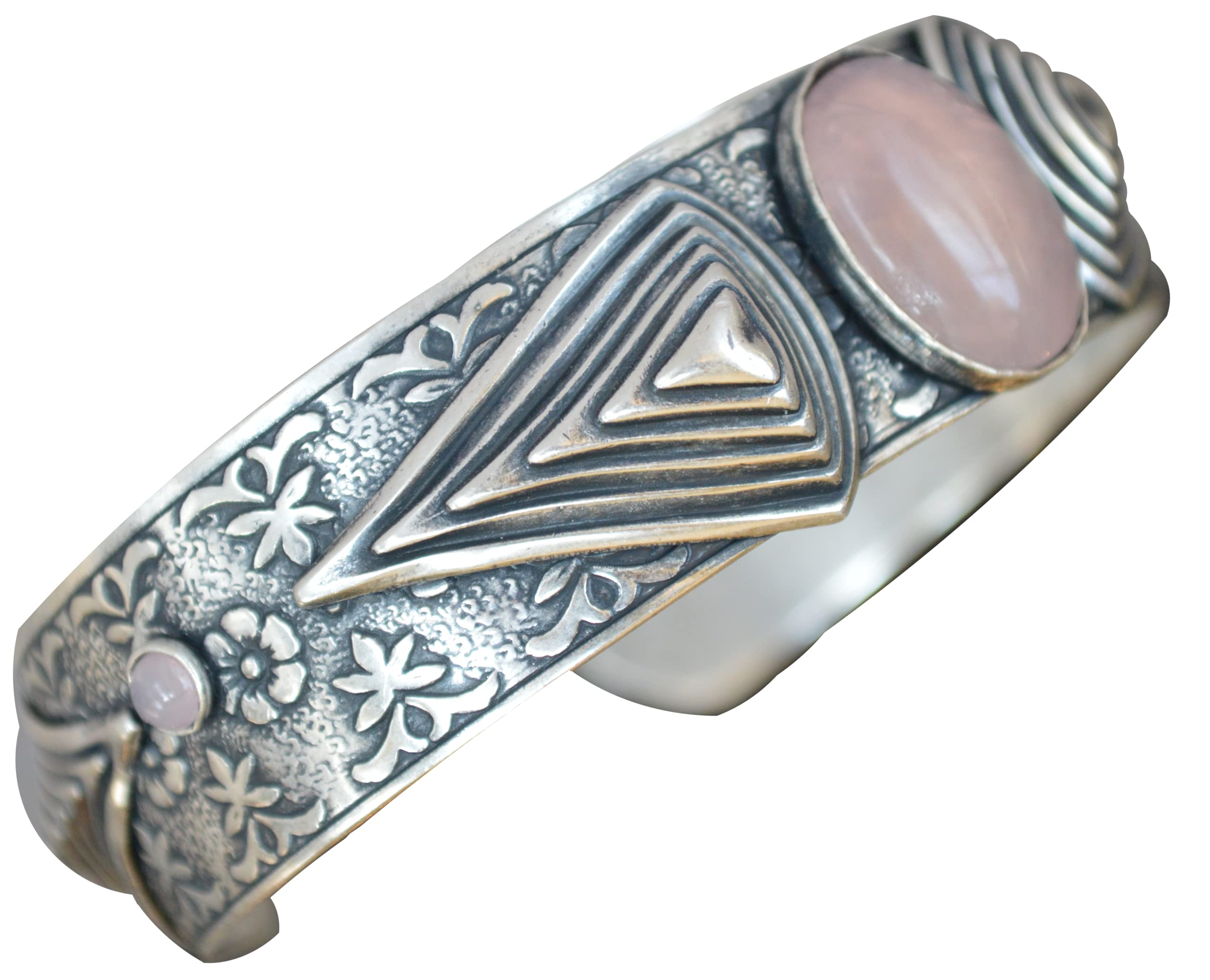 Elaine Coyne Collectible Artwear Antique Silver Brass Art Deco Cuff Bracelet with Rose Quartz Cabochons