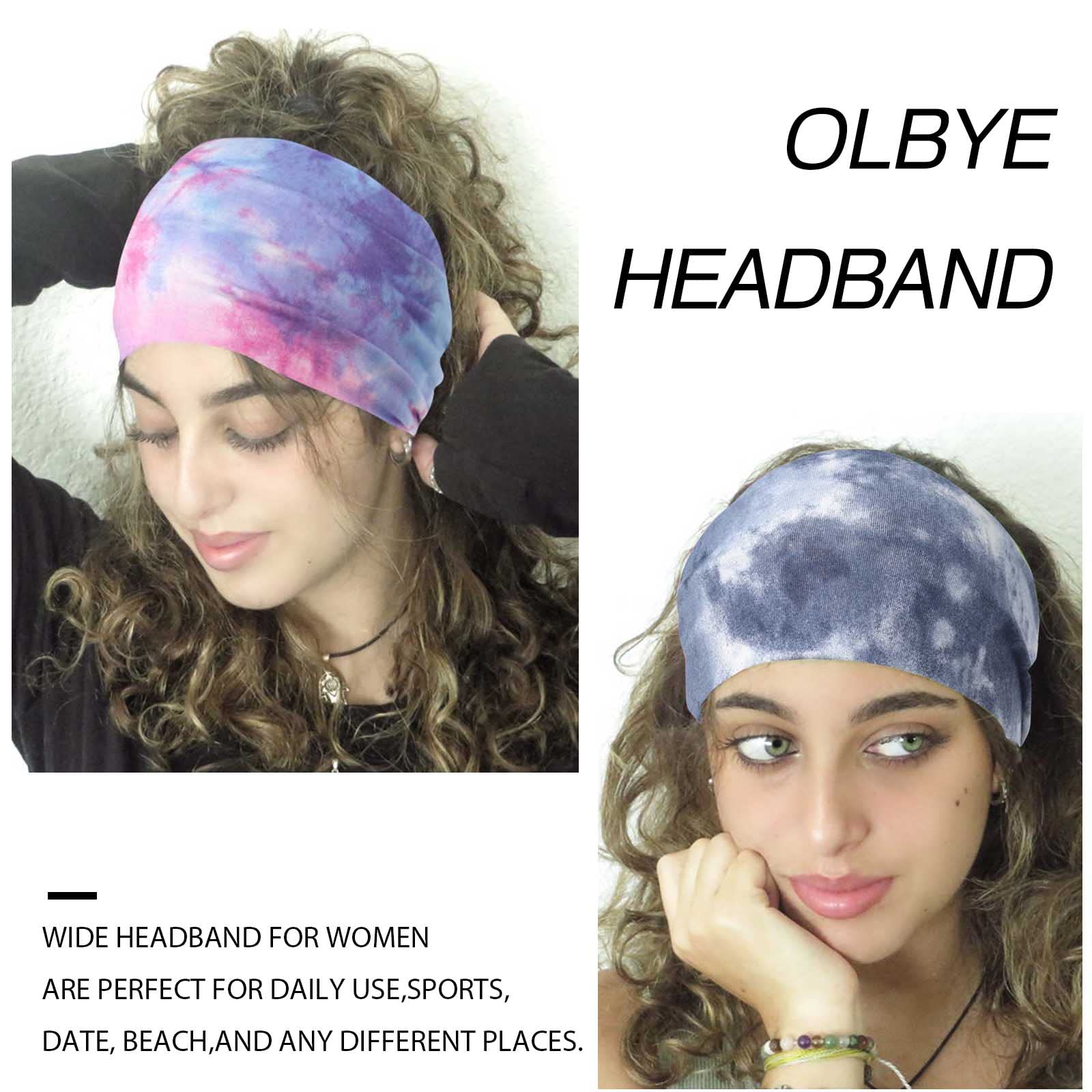 Olbye Wide Headbands for Women - Non Slip Elastic Hair Bands, Tie Dye Turban Head Wraps, Workout Yoga Sports Sweatbands, Boho Headbands for Women - Pack of 6