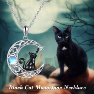 VONALA Celtic Moon Black Cat Necklace for Women Sterling Silver Cat Jewelry for Women Moonstone Necklace for Cat Lovers