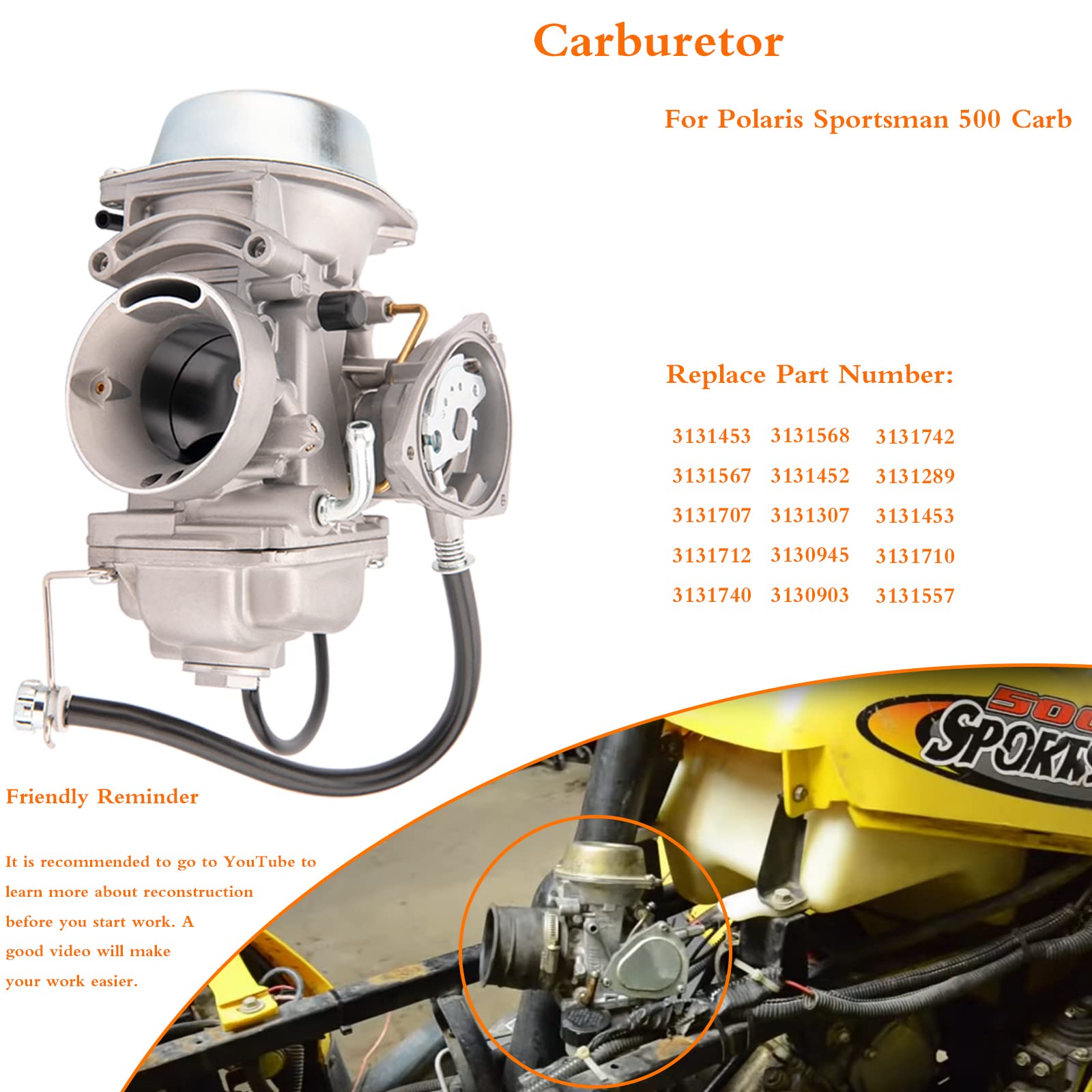 500 Carburetor Compatible with Polaris Sportsman 500 4X4 HO 2001-2005 & 2010-2012, Trail Boss 325 2000-2002, Scrambler 500 4x4 1997-2009 Replace part # 3131557 3131453