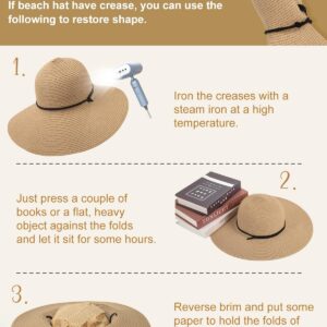 Womens Sun Hat Wide Brim Foldable Beach Hats for Women UV Protection Summer Straw Hat with Wind Lanyard Khaki