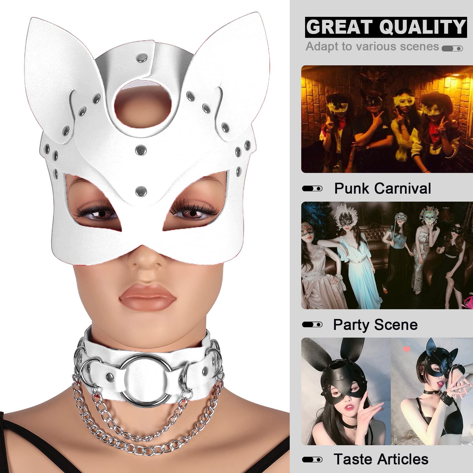 Women's Body Harness Leather Mask and Metal Chain Necklace for Masquerade Party Punk Carnival Gothic Halloween Accessories (White)