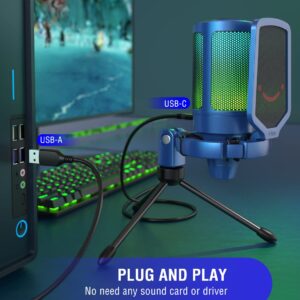 FIFINE Gaming Streaming USB PC Microphone for Mac OS/Windows, AmpliGame Condenser Cardioid Mic with RGB for Video Vocal Recording Twitch Discord, Gamer Computer Mic-Blue