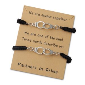 wusuaned partners in crime friendship bracelets handcuff charms friendship symbol jewelry for 2 message crad gifts for family friends (partner in crime bracelet set)