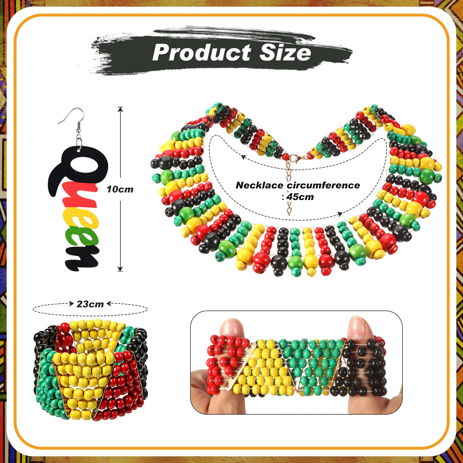 Yinkin Women's 5 Pcs African Jewelry Set: 1pcs Kente Print Headwrap, 1pair Earrings, 2pcs Beaded Bracelets (Stretch), 1pcs Necklace (Rustic, Multicolor)