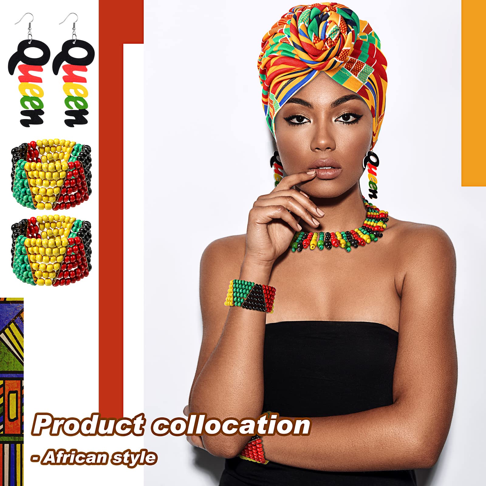 Yinkin Women's 5 Pcs African Jewelry Set: 1pcs Kente Print Headwrap, 1pair Earrings, 2pcs Beaded Bracelets (Stretch), 1pcs Necklace (Rustic, Multicolor)