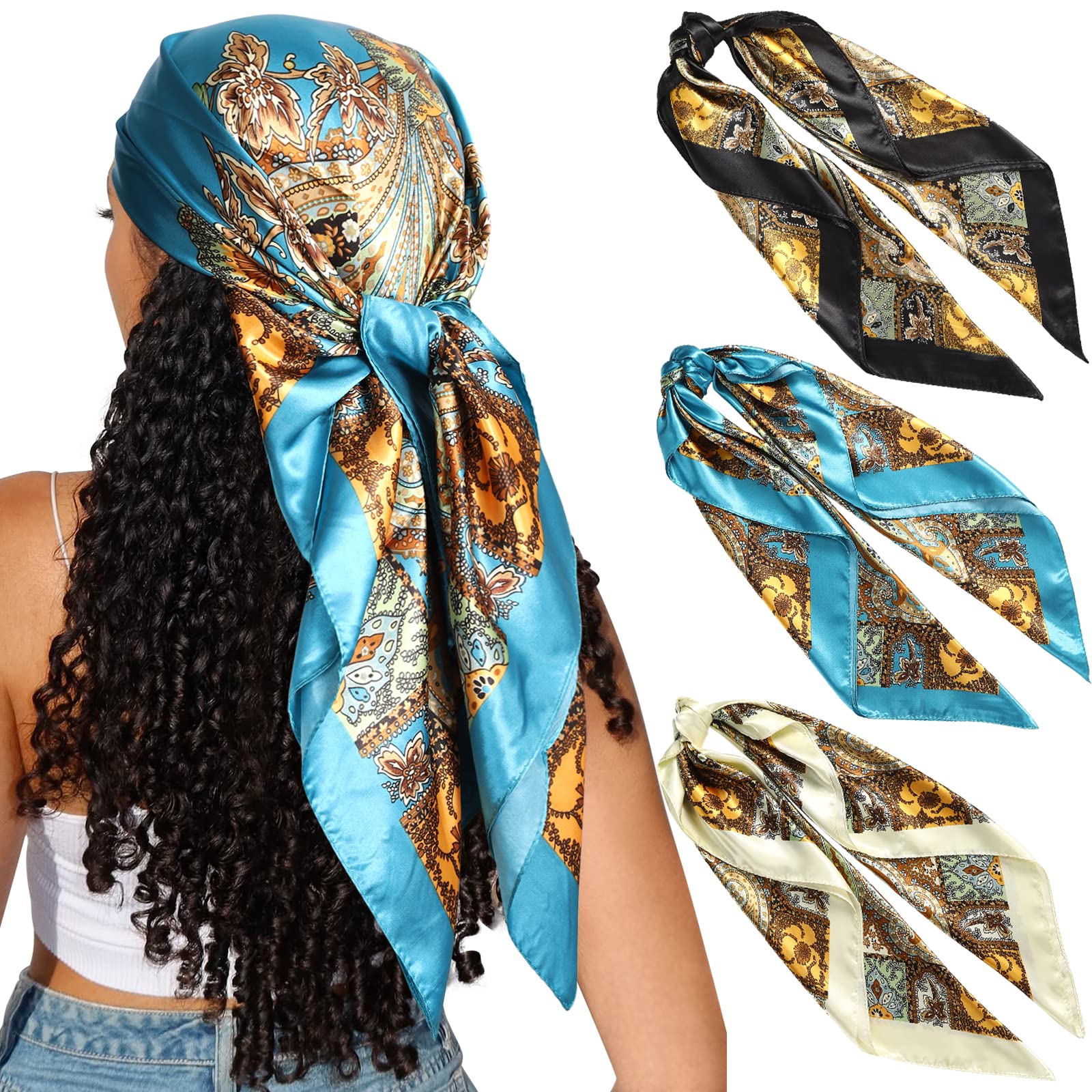 CHLINS 35" Satin Square Hair Scarf Bandanas - 3Pcs Large Silk Head Scarves Lightweight Satin Hair Kerchief Sleeping Hair Wraps for Women (Blue+Black+Beige)