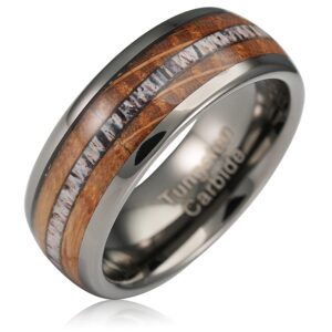 100s jewelry gunmetal gray tungsten rings for men whiskey barrel wood & elk anters inlay wedding promise engagement band size 6-16 (gunmetal gray, 11)