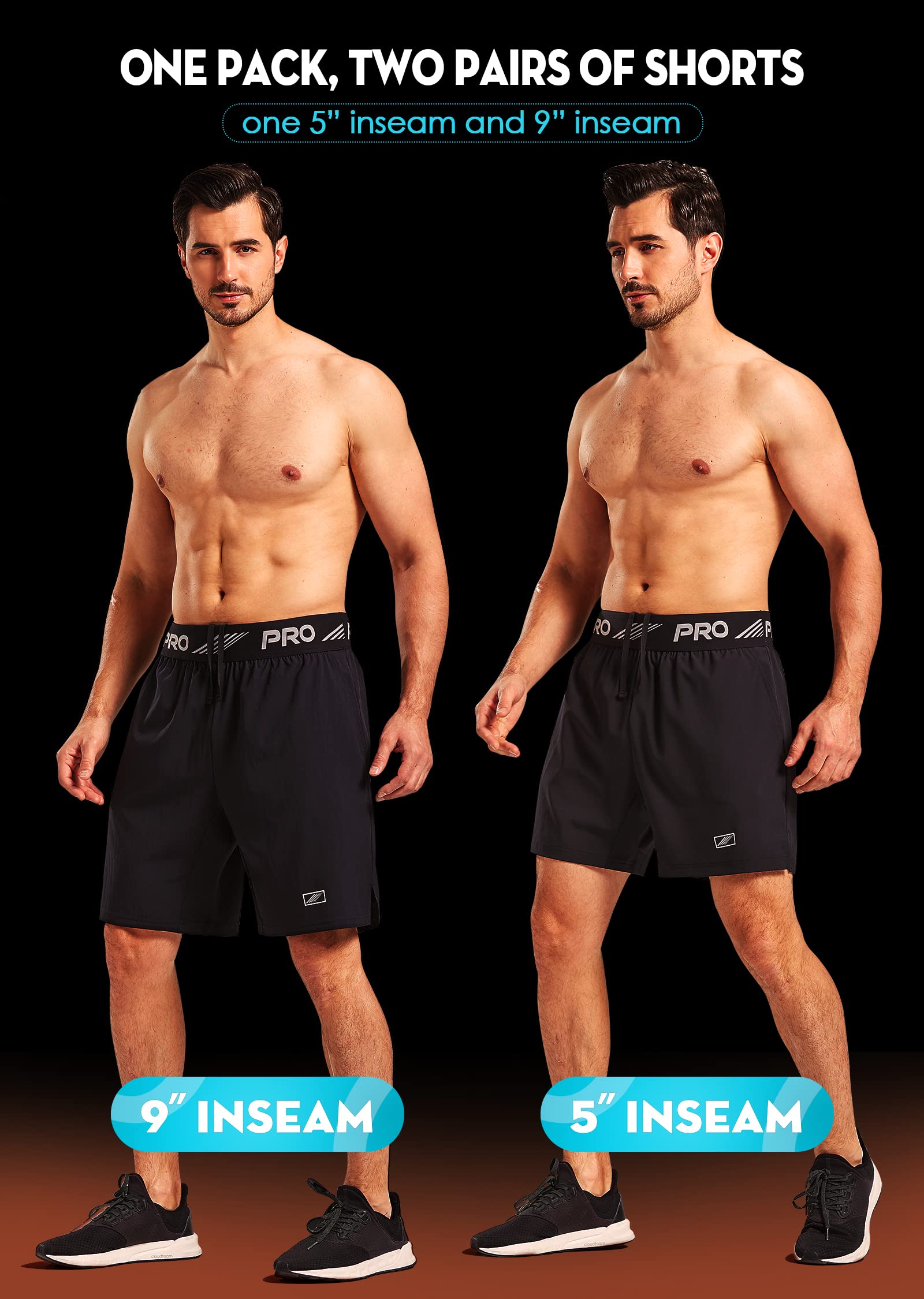 ACESHIP 2 Pack Workout Running Shorts Quick Dry Athletic Shorts 5" and 9" Lightweight Gym Shorts with Zipper Pockets Black